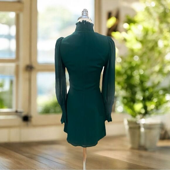 Reformation Archie Shirred Georgette Mini Dress Green Women’s 4 Long-Sleeve High - Picture 5 of 14